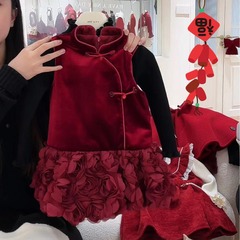 Red New Year Style Cotton-Lined Winter National Style Cheongsam Rose Dress with Backless Top for Baby Girl's First Birthday