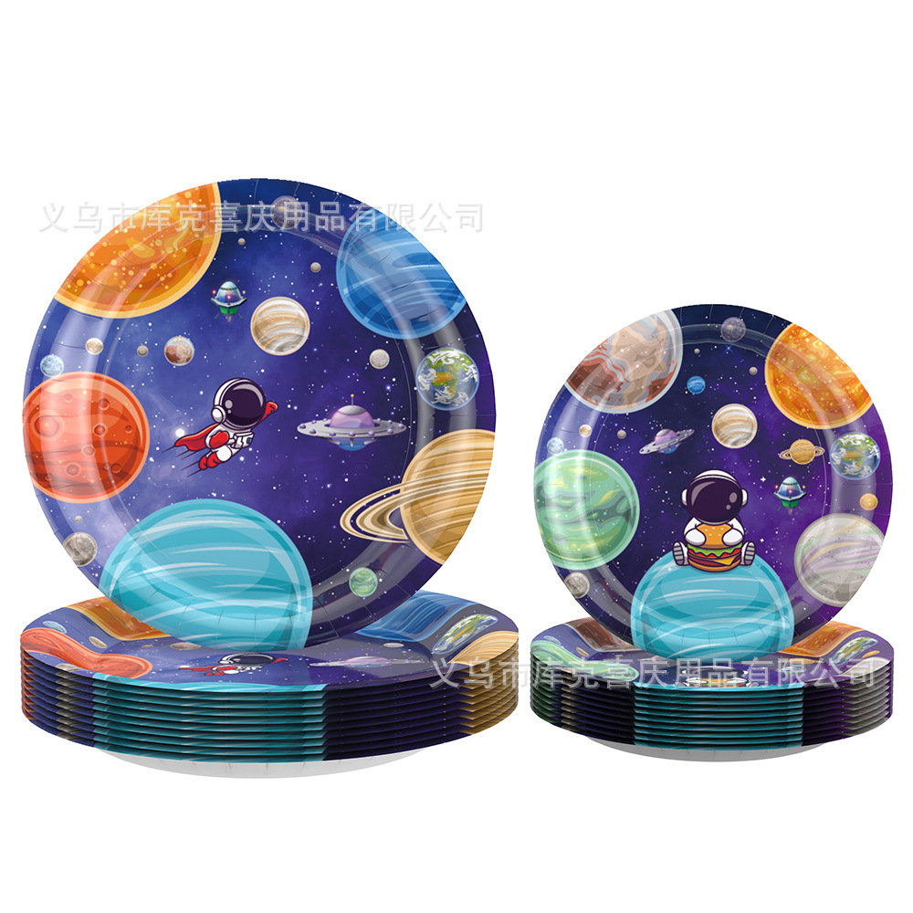 Starry Sky Aerospace Theme Bandeja de papel desechable, taza de papel, juego de vajilla de toallas de papel, suministros de decoración para fiestas de cumpleaños de astronautas