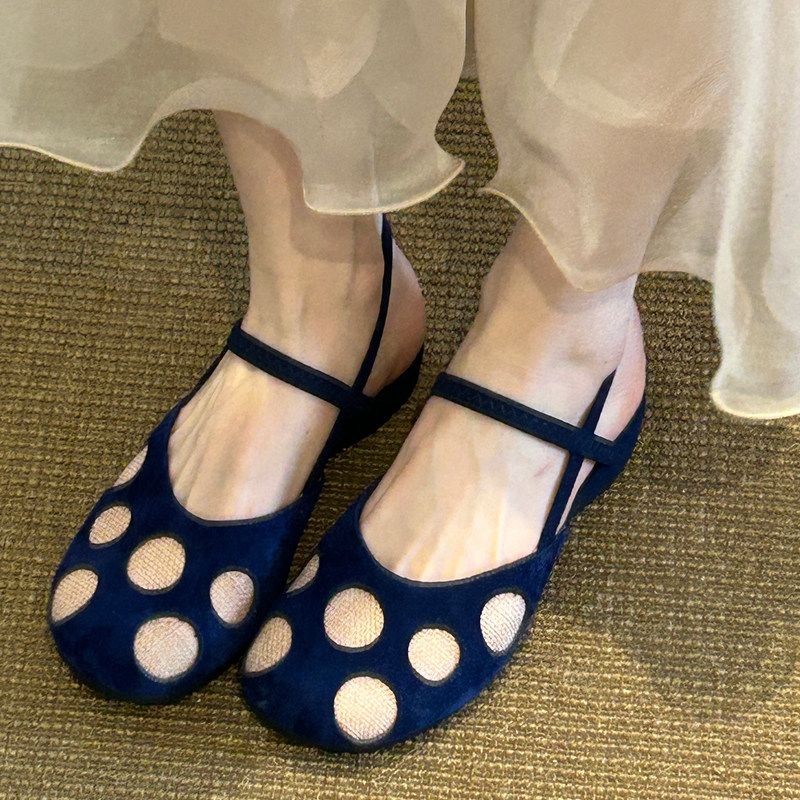 Soft Leather Version! Women's Cute Style Peep-Toe Sandals with Color-Blocking Polka Dots, Round Toe, Elastic Band, Chunky Heel, and Open Back Mary Jane Shoes