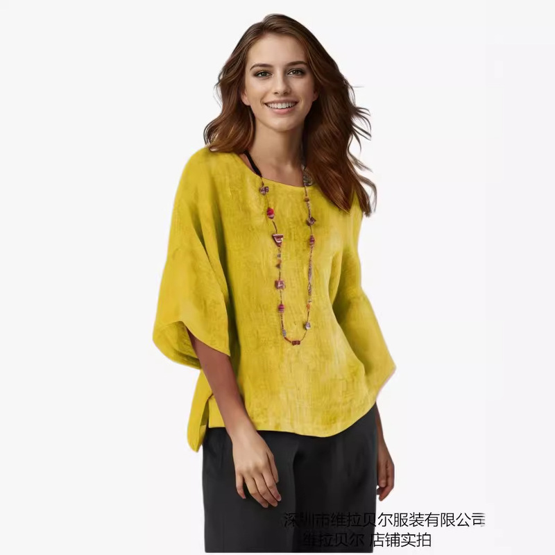 VeraBell リアルショット 2025eaby Amazon 新しい対外貿易婦人服七分袖ラウンドネックコットンとリネントップ|undefined