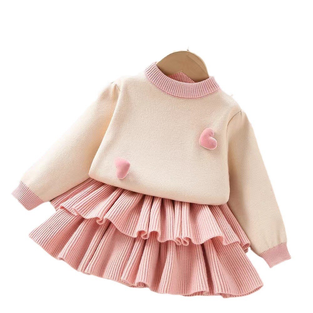 Pull pour fille 2024 automne/hiver nouveau style coréen couleur unie amour tricoté à manches longues jupe gâteau ensemble deux pièces_voghion.com