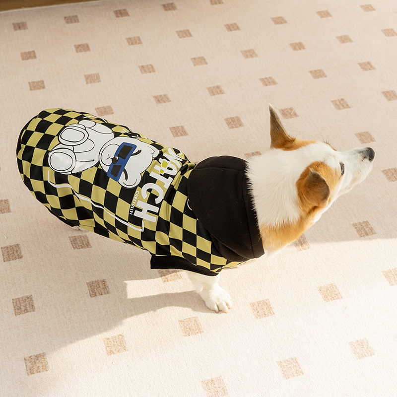 Impresión a cuadros con capuzas de tamaño medio Corgi camisa larga larga espalda guapo otoño invierno delgada mascota ropa de perro lote