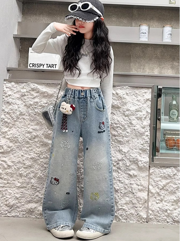 女の子パンツ 2025春秋新作 女の子中学生刺繍ジーンズ 中学生ストレートワイドパンツ|undefined