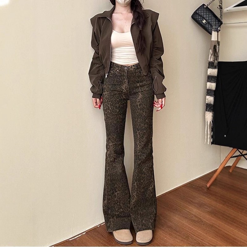 High-Waisted Leopard Print Flared Jeans for Women 2025 Autumn New Fashion Trendy Versatile Slimming Stretchy Bell-Bottom Pants