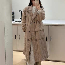 2025冬季新款文艺复古麻棉棉服女纯色翻领长款夹棉宽松棉衣外套