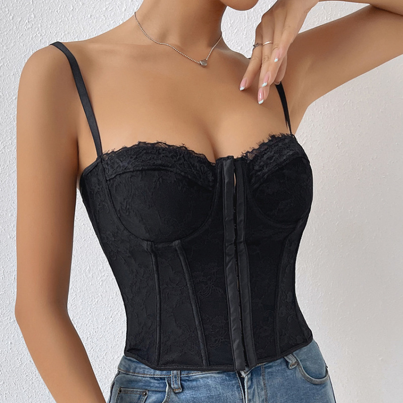 Cross-Border Women's Fashion European and American Style Sexy Solid Color Lace Camisole with Underwire, Corset-Style, Button-Up, Backless Tank Top 909 Cross-Border Women's Fashion European and American Style Sexy Solid Color Lace Camisole with Underwire, Corset-Style, Button-Up, Backless Tank Top 909