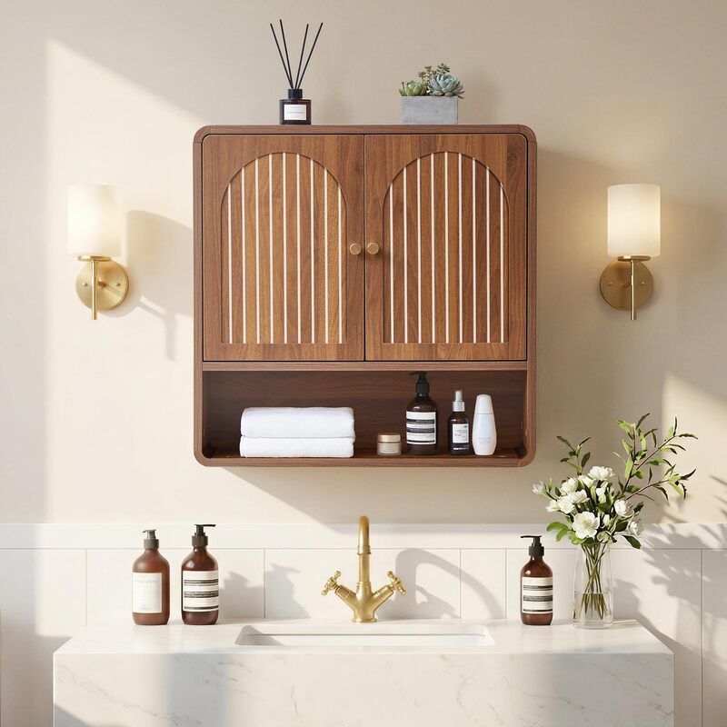 Grooved Bathroom Wall Cabinet, Mid-Century Modern Style Medicine Cabinet with Adjustable Shelves and Towel Rack Grooved Bathroom Wall Cabinet, Mid-Century Modern Style Medicine Cabinet with Adjustable Shelves and Towel Rack