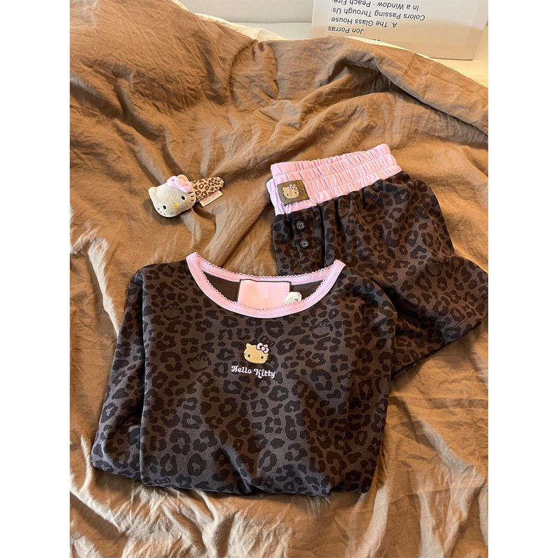 网红爆款HelloKitty豹纹长袖睡衣女秋季2025新款短裤家居服套装潮|undefined