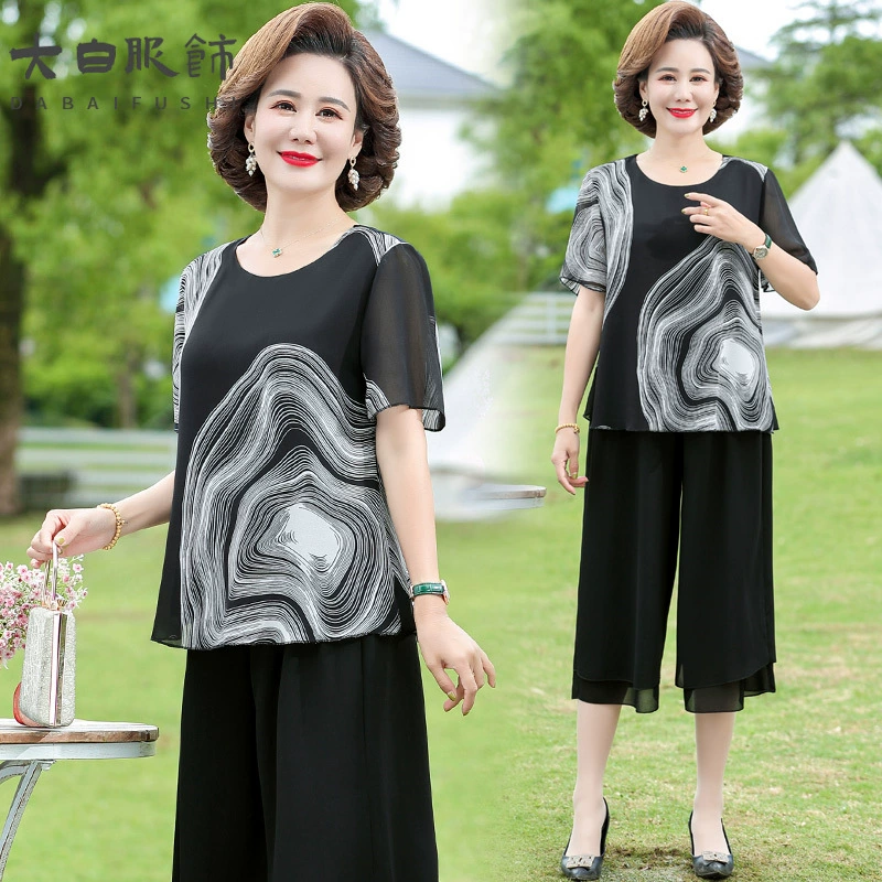 День матери мама среднего возраста летняя одежда с короткими рукавами шифоновая рубашка иностранная одежда 2025 новая одежда для женщин среднего и пожилого возраста