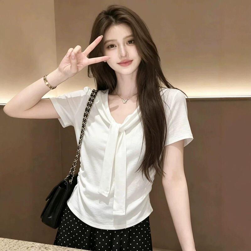 Korean Style V-Neck Shawl Tie Short-Sleeve T-Shirt for Women, New Summer Model with Exquisite Waist-Cinching Slim-Fit Design, White Thin Top Korean Style V-Neck Shawl Tie Short-Sleeve T-Shirt for Women, New Summer Model with Exquisite Waist-Cinching Slim-Fit Design, White Thin Top