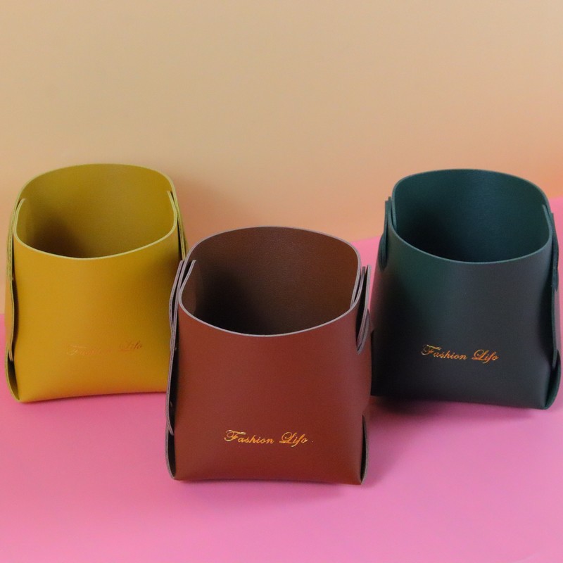 Creative foldable PU leather pencil holder, small and fresh student stationery storage box, detachable desktop office storage bucket, wholesale