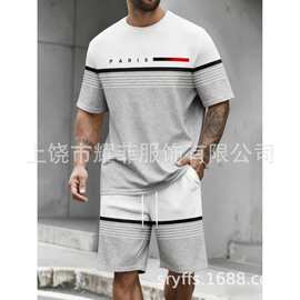 跨境欧美夏季新款运动套装男士字母印花短袖短裤休闲舒适套装