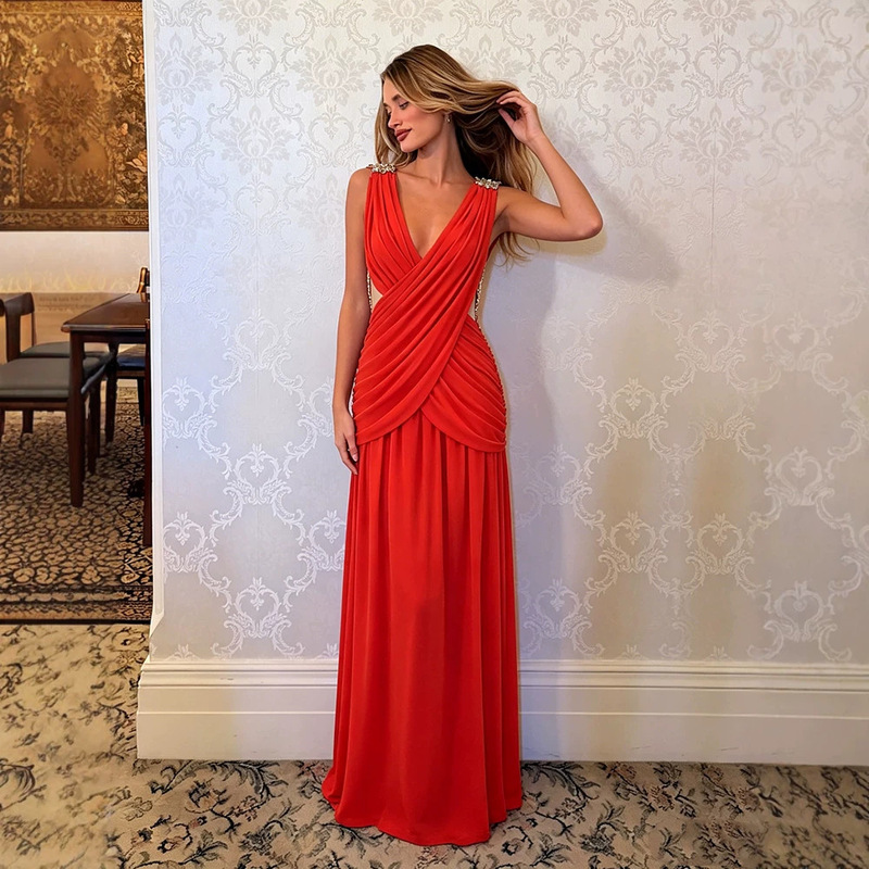2026 Summer New Women's Fashion Solid Color Hollow-Out Cross-Over Sexy V-Neck Long Dress Vacation Style Dress European and American Cross-Border