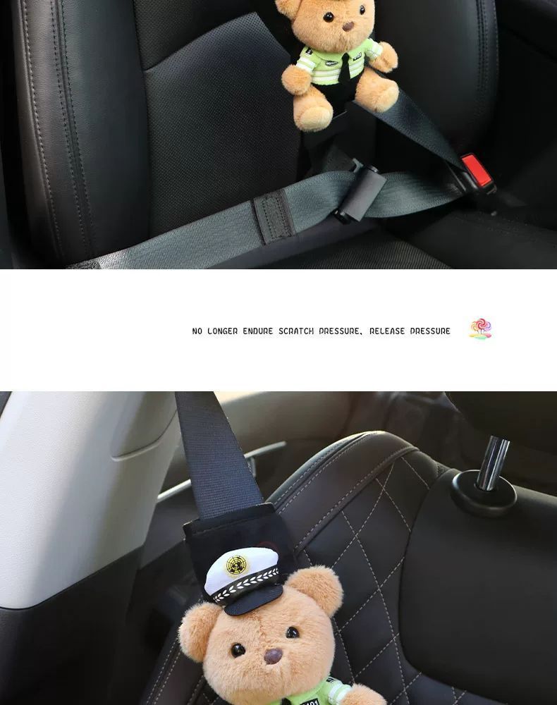Car Kids Safety Belt Traffic Police Bear Protective Cover Fixed Adjuster Anti-Stranglehold Belly Cartoon Baby Shoulder Pad Set
