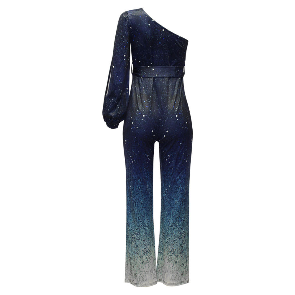 Damenbekleidung, Jumpsuit mit Farbverlauf und diagonalem Kragen, langärmelig, sexy, weite Beinhose_voghion.com