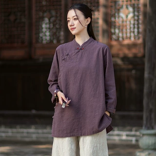 26秋季复古斜襟盘扣棉麻衬衫女中式禅意茶服套头衫苎麻立领长袖衬