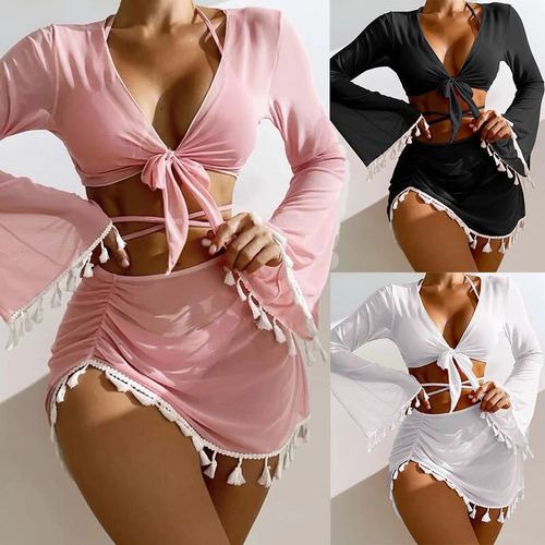2025 Ins Stylish Su Mesh Cover-up Set with Short Skirt Bikini for Conservative Women in Thailand