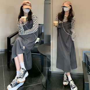 Autumn Striped Long-sleeved Top Female Student Casual Fashion Suspender Dress dress Strap Long Dress Two-piece Suit