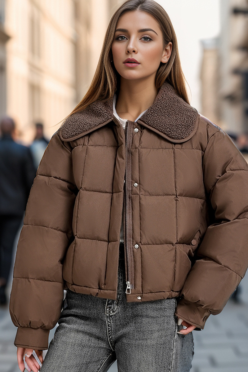 Chaqueta corta de algodón con cuello grande de lana de cordero para mujer en invierno, versión coreana, abrigo marrón suelto y grueso, de moda_voghion.com