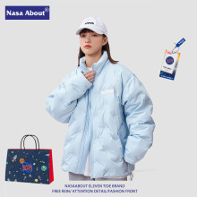 NASA浅蓝色压印菱格羽绒服国潮牌冬季加厚短款情侣羽绒衣外套男女