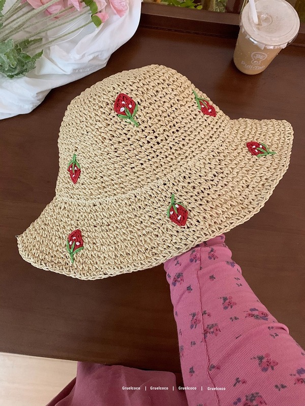 夏の桜麦わら帽子日本と韓国の新しいスタイルの植物と果物の大きなつばの日よけ帽子夏の屋外の甘くて多用途な麦わら帽子|undefined