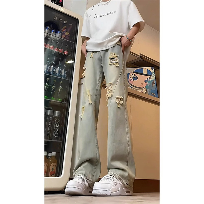 Pantalones de viento de estilo americano de alta calle, pantalones de jeans de calles agujeros, pantalones de verano delgados y rectos para hombres