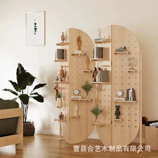 跨境新款洞洞板屏风木质落地式可移动置物架家居玄关隔断屏风实木