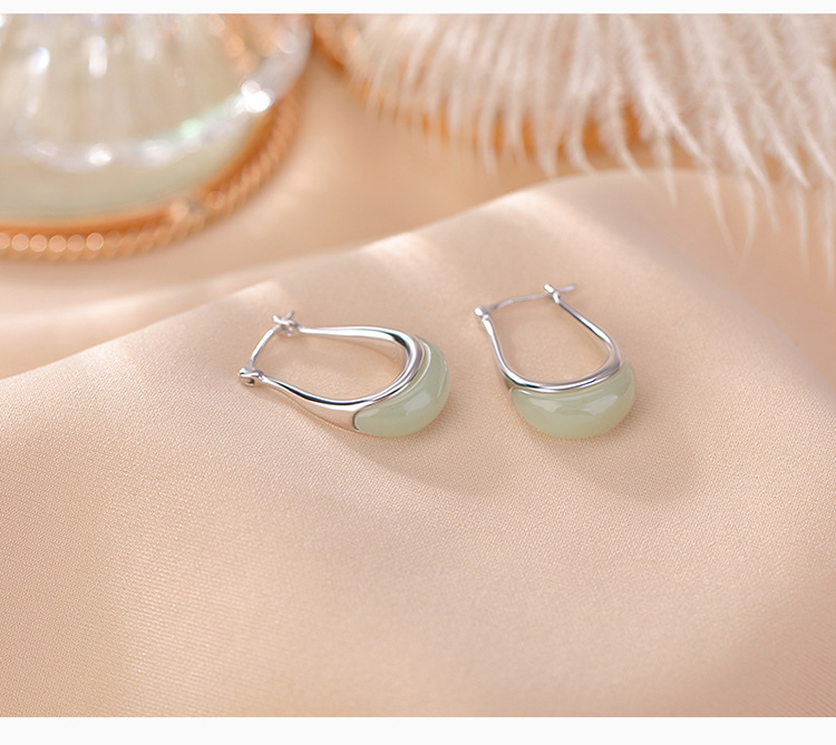 Khuyên tai nữ hình lưỡi liềm bạc S925 mạ vàng đính ngọc Hetian — Kiểu màu bạc, Kiểu màu vàng chi tiết 5