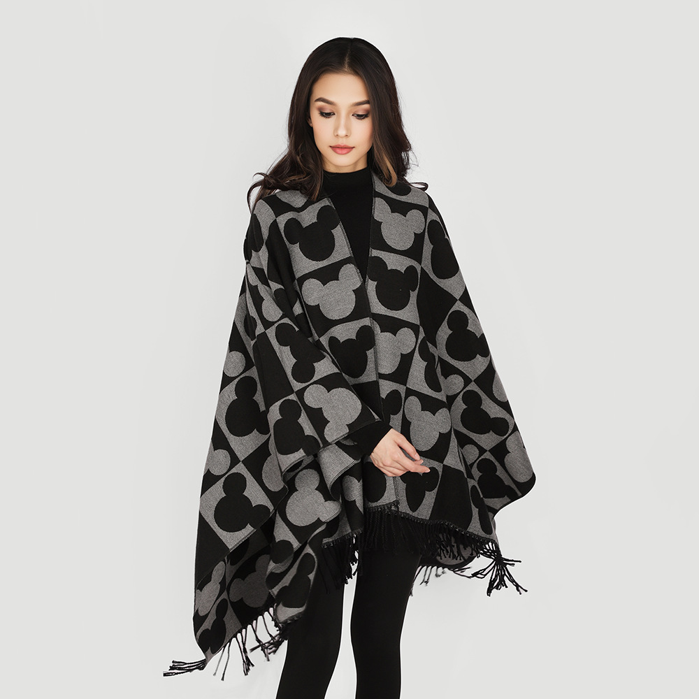 Hilo hilado con núcleo Mickey Mouse Patrón Bufanda Mujer Invierno Versión coreana de alta gama Chal de borlas de estilo occidental Capa gruesa y cálida