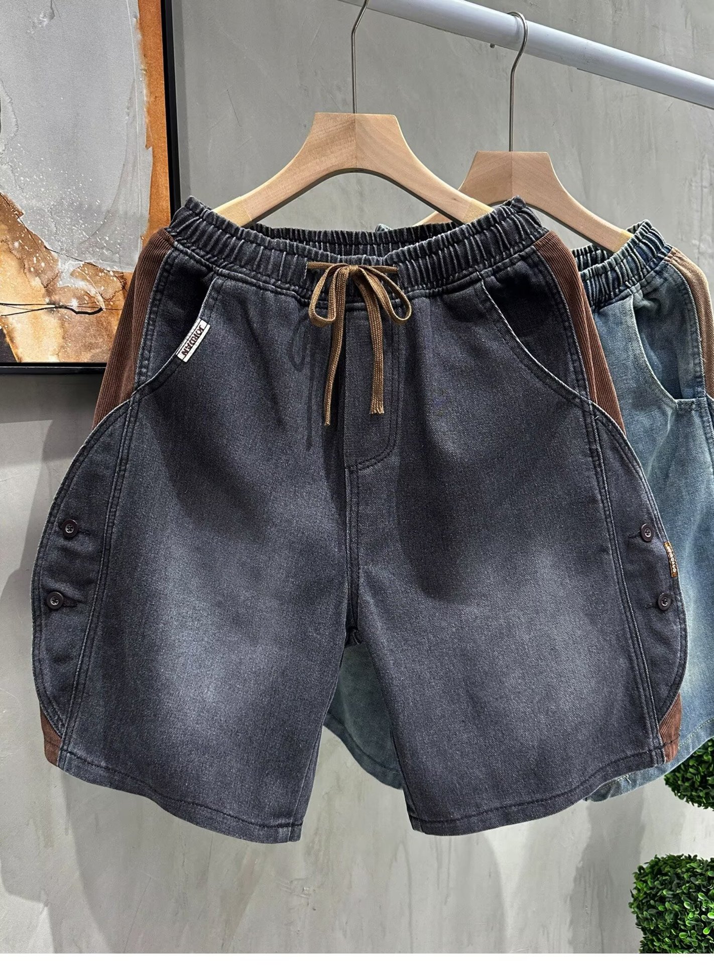 Men's Retro Distressed Denim Shorts Summer Casual Loose Fit Color Block Five Point Drawstring Elastic Waist Plus Size Mid-Length_mkmklike.com