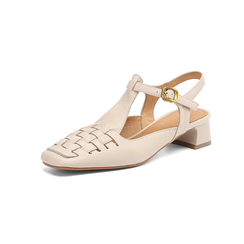 Sandal Mary Jane nữ mũi vuông da bò gót thấp quai chữ T đan dây — đen