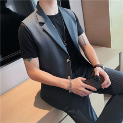 新しいハイエンドメンズノースリーブスーツシングルスーツ夏薄い英国スタイルハンサムカジュアルベストスーツトップ服