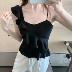 Irregular ruffled waisted short knitted vest for women 2023 new slimming inner solid color bottoming top summer
