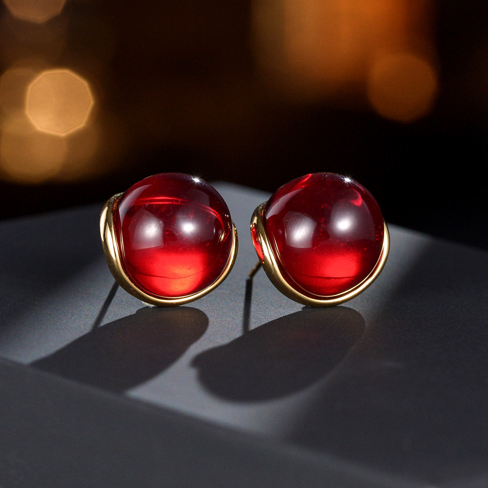 高版本925銀+加厚真金電鍍 歐美風簡約耳釘時尚紅豆相思豆琉璃個