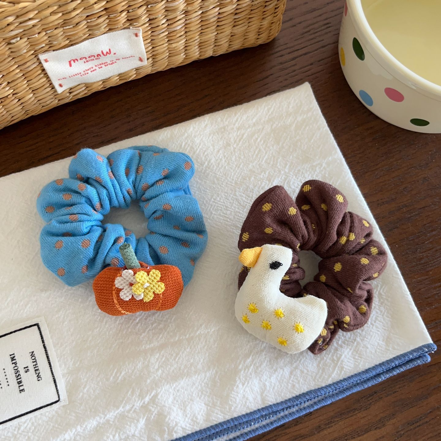 Cute pumpkin and little yellow duck knitted hair ties, hair clips, fun polka dot cartoon snap clips, scrunchies, hair ropes, and hair accessories