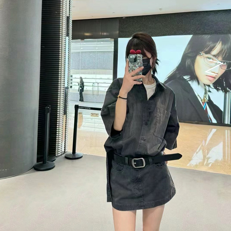 In-Stock Trendy Brand Design Vintage Denim Belt Waist-Cinching Shirt Dress Summer French Simple Versatile Mini Dress Short