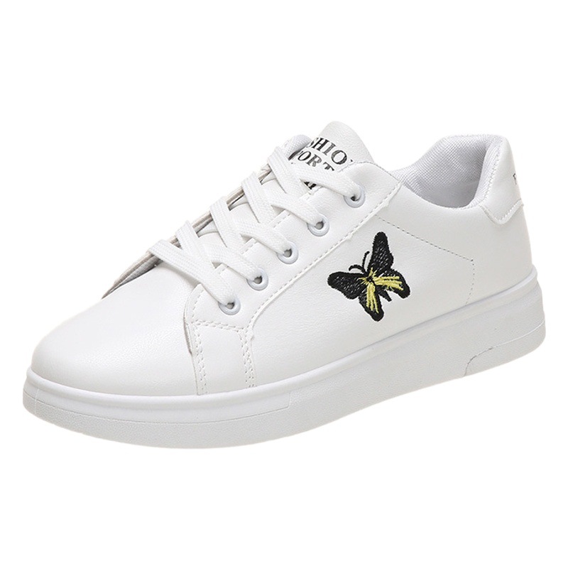 2022 primavera, verano y otoño nuevos zapatos blancos de color sólido de las mujeres punta redonda frente encaje mariposa decorativo tacón plano moda Zapatos de una sola capa