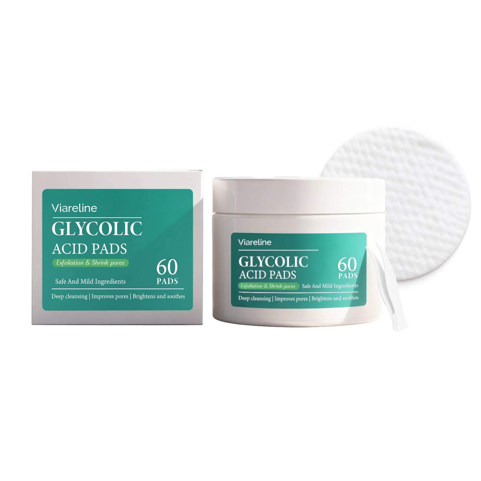 VIARELINE Glycolic Quatine Limpieza suave para la piel facial, limpieza de los poros, refrescante y brillante, almohadilla humectante