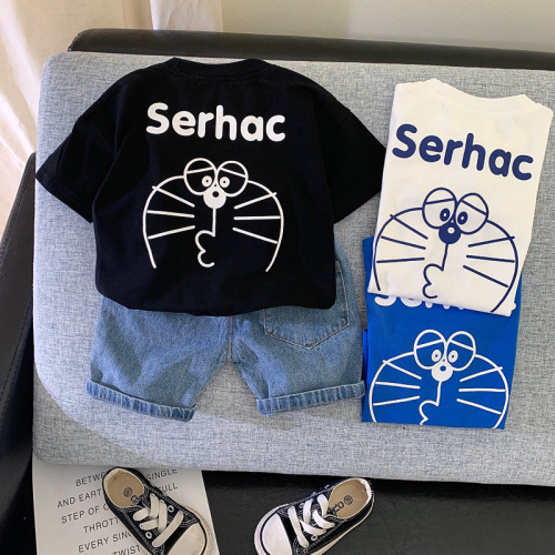 Summer 2024 new Korean style short-sleeved children's suit cartoon boy summer suit two-piece jeans children's clothing