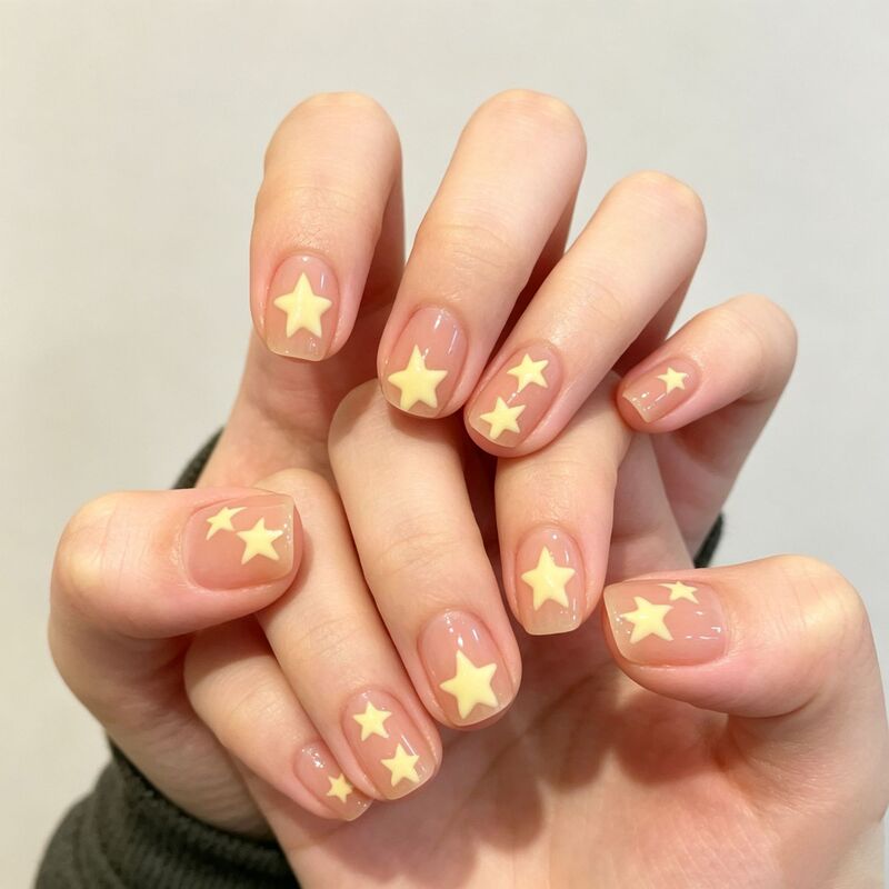 New nail art: sweet, cool, and cute yellow star design in the Instagram style, square-shaped, short, and ready-to-wear nail tips, wholesale