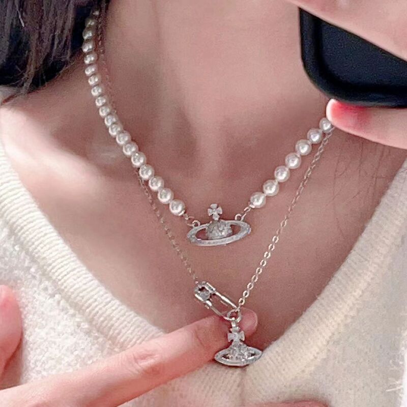 Cross-Border European and American Manufacturers Saturn Pearl Necklace Women's Style Brooch Three-Dimensional Planet Necklace Sweater Chain Clavicle Chain