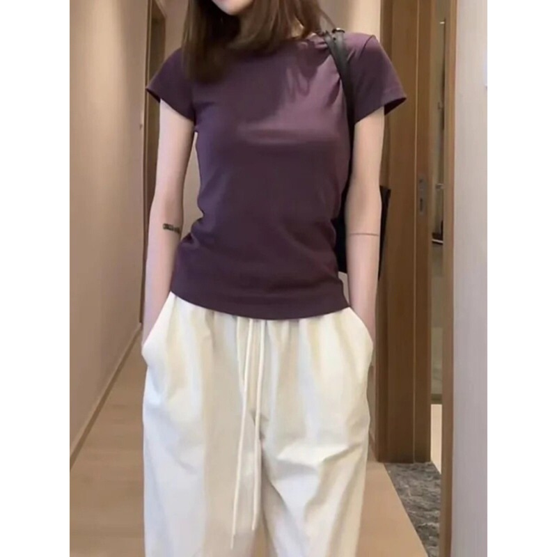 Organic Cotton Regular Shoulder Short-Sleeve T-Shirt in Deep Purple, Stylish and Versatile Casual Top for Petite Sizes, New for Summer 2026 Organic Cotton Regular Shoulder Short-Sleeve T-Shirt in Deep Purple, Stylish and Versatile Casual Top for Petite Sizes, New for Summer 2026