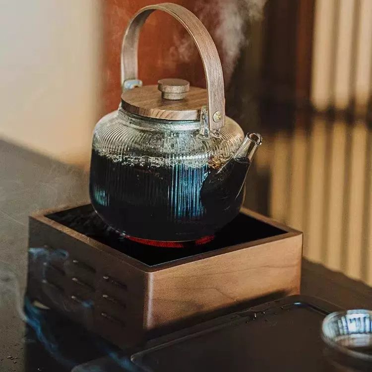 跨境高硼硅玻璃提梁壶双胆蒸煮一体煮茶壶竖纹蒸茶器现代蒸茶器