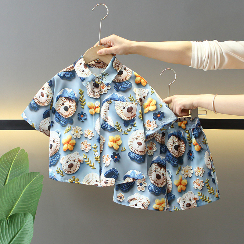 7872 traje de verano para niños 2025 nueva camisa hermosa para niños de dos piezas ropa de estilo de playa de moda para bebés