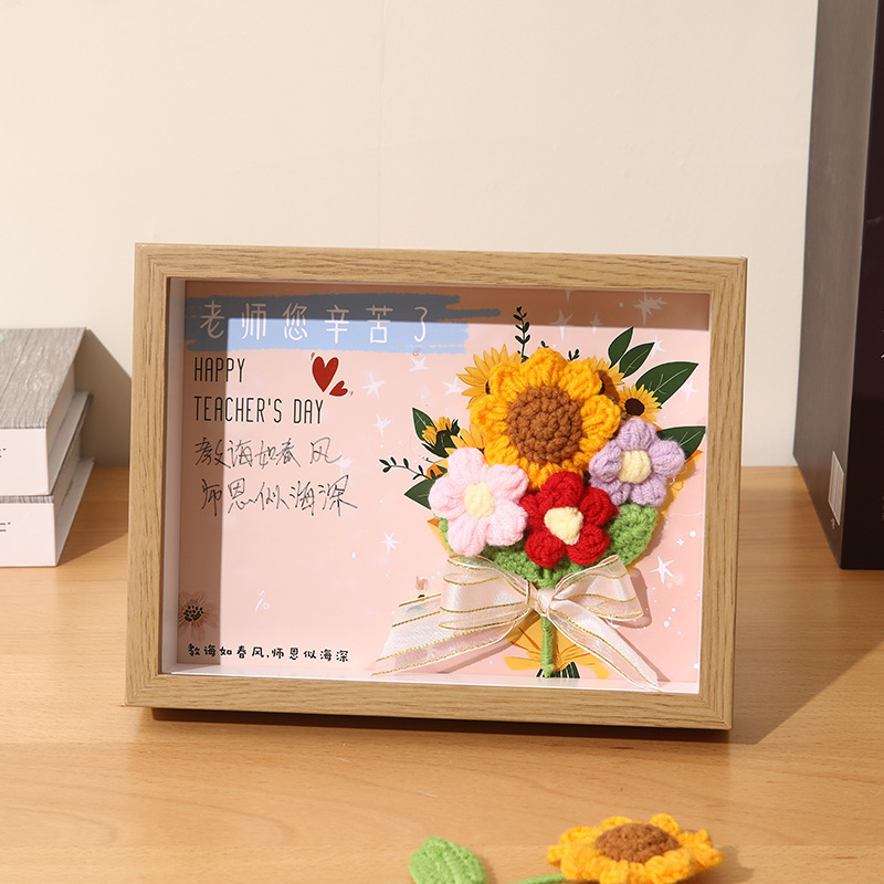 Teacher's Day Gift Bouquet Photo Frame Desktop Ornament Plush Yarn Flower Sunflower Hollow Frame for Kindergarten Teachers