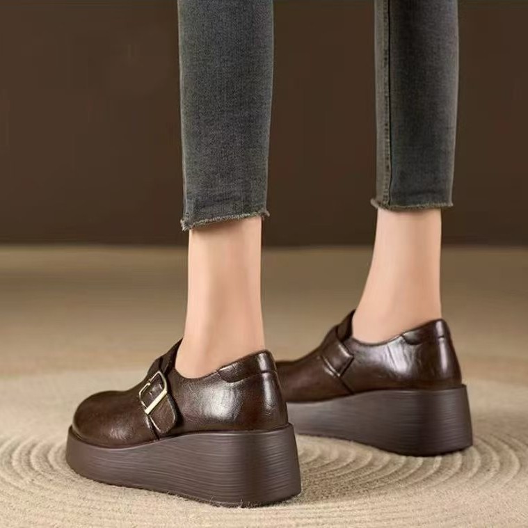 2026 Spring New Korean Style Loafers With Round Toe And Buckle Strap, Genuine Soft Leather Thick-Soled Height-Increasing_vogvips.com