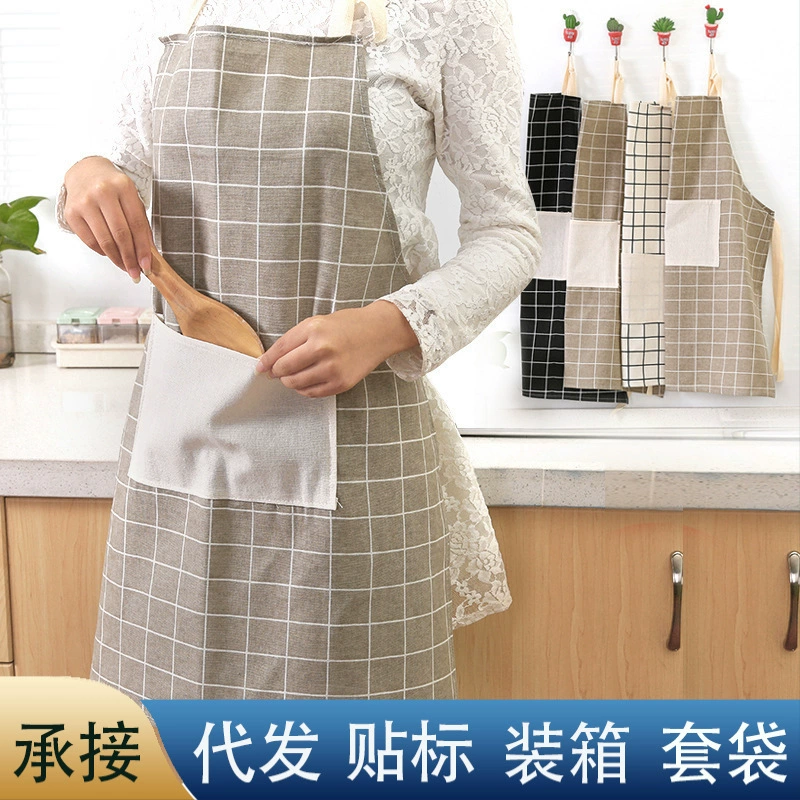 Фартук из хлопка и льна, новые непромокаемые комбинезоны без рукавов с защитой от обрастания, домашний кухонный фартук в клетку, воротник, фартук в японском стиле