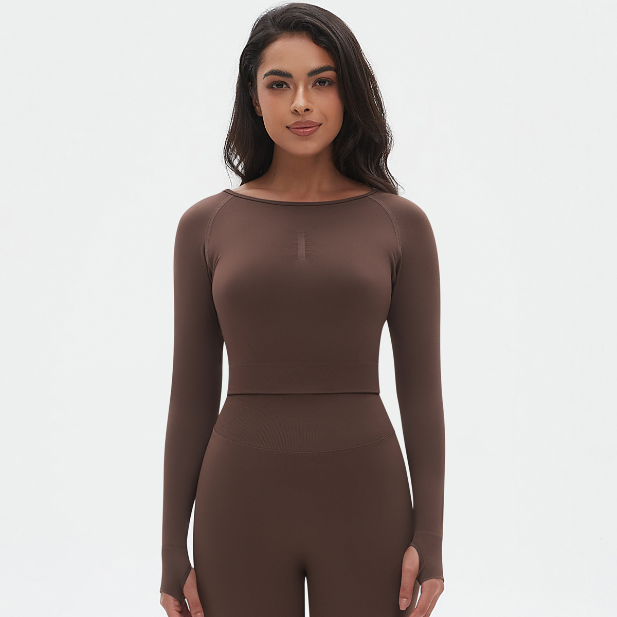 Cross-border Europa y Estados Unidos sin costuras de punto de color sólido ajustado alto elástico ropa de yoga deportiva de manga larga para correr y ejercer yoga tops mujeres image 11
