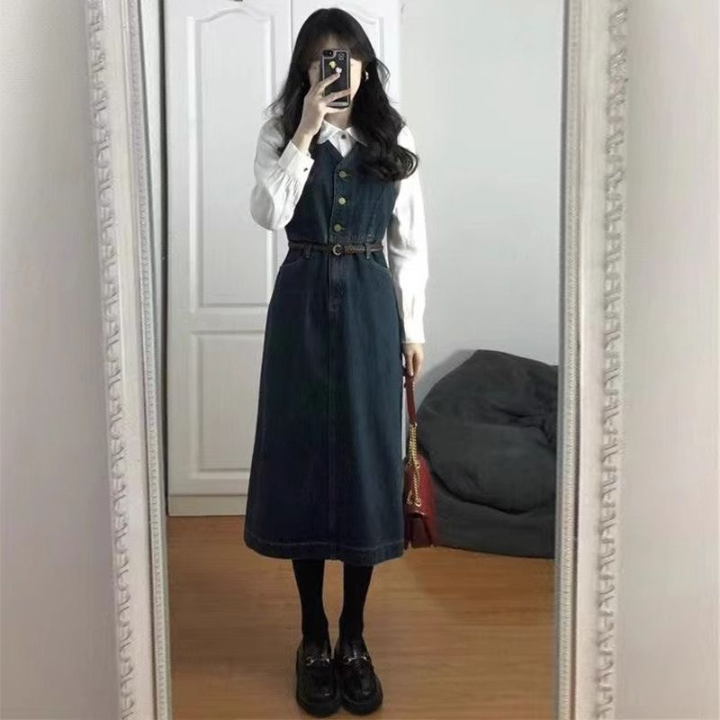 Age-Reducing Elegant Mid-Length Denim Dress for Women 2025 Autumn and Winter New Large Size Tummy Control Slimming Look Shirt Suspender Skirt