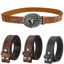 跨境朋克风皮带 复古潮流压花板扣PU皮革腰带 西部牛仔皮带男士